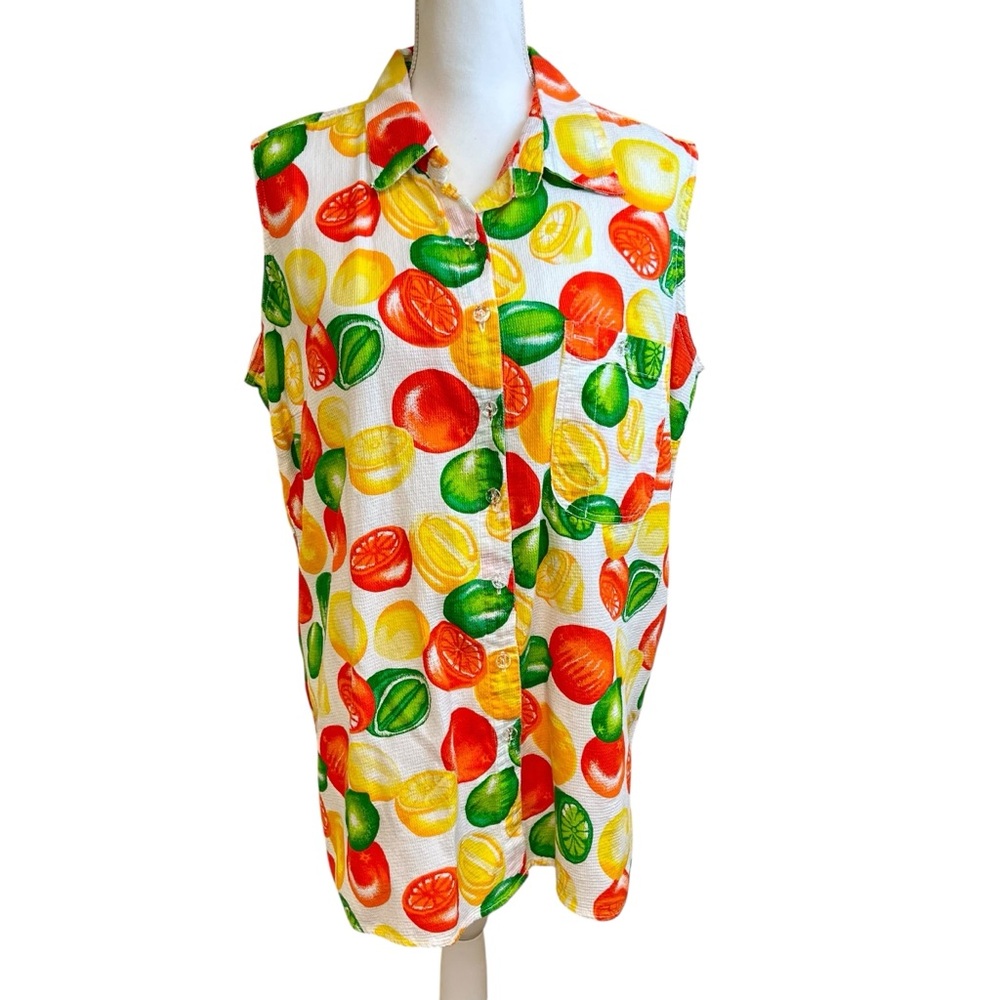 VENEZIA‎ JEANS Fruit Print Sleeveless Shirt Sz 18 20 Lemons Oranges Limes Button